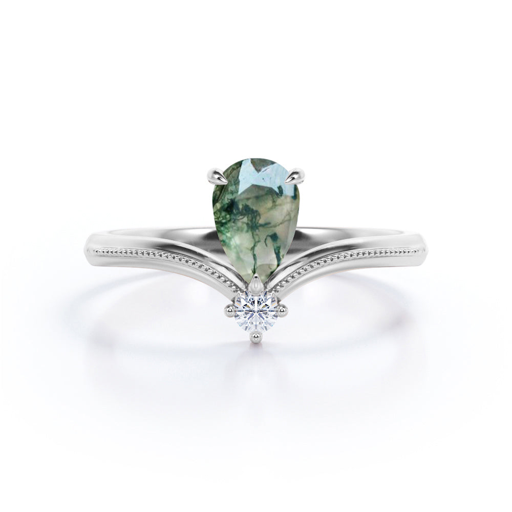 Unique V-shape style 1 carat Pear cut Moss Green Agate and diamond Milgrain border 2 stone Anniversary ring in White gold - Engagement ring