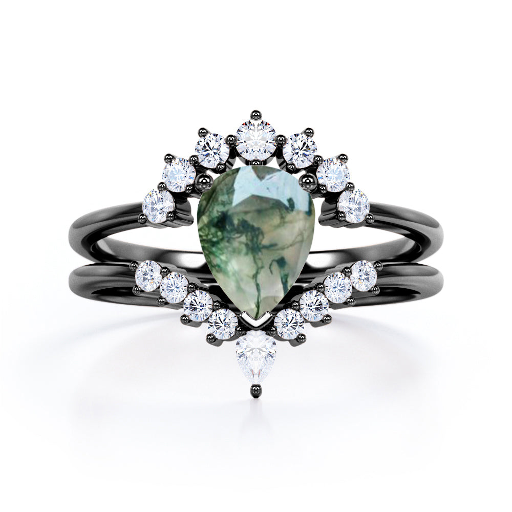 Vintage Crown inspired 1.25 carat Pear cut Moss Green Agate and diamond art deco Bridal set for women in Rose gold