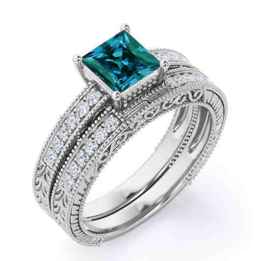 Petite Milgrain 1.25 carat Princess cut Synthetic Alexandrite and diamond filigree art wedding ring set for women in gold-Bridal set