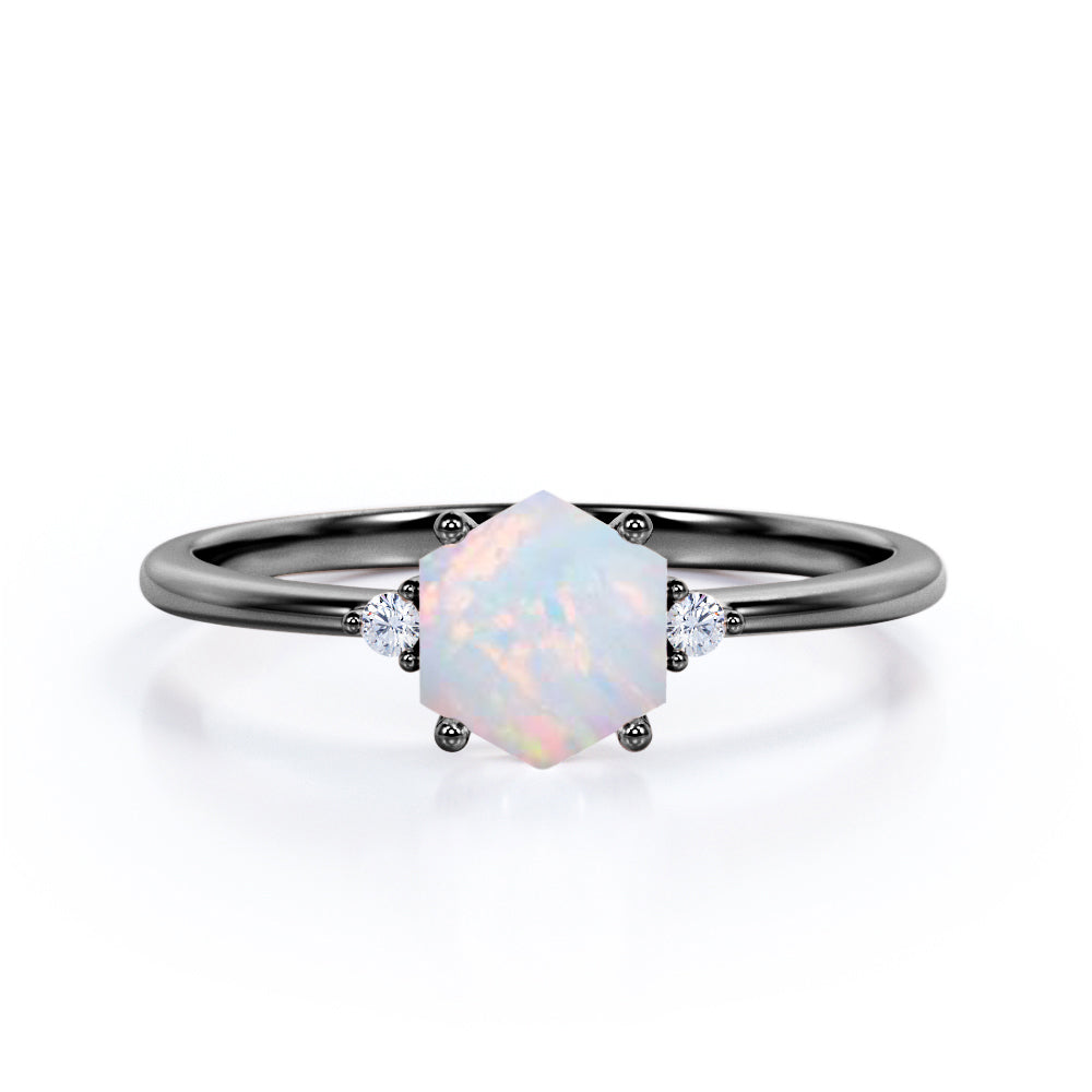Classic Trilogy 1 carat Hexagon cut Ethiopian Opal and diamond-4 prong setting-pinched shank engagement ring White gold