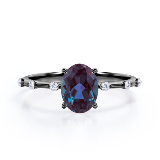 Twig style 1.1 carat Oval shaped Lab made Alexandrite and diamond nature inspired engagement ring in Black gold