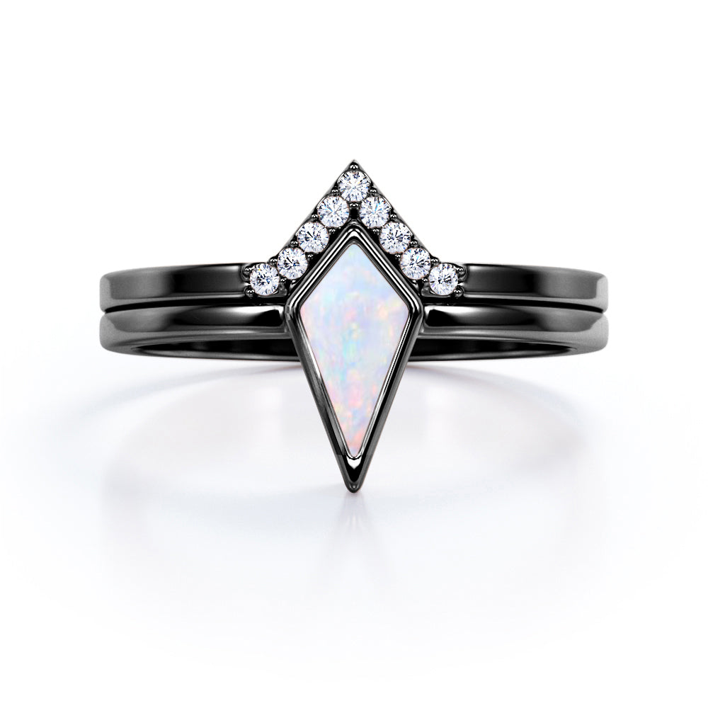 Bezel Crown 1.10 carat Kite Cut Opal and pave diamonds vintage tapered shank engagement ring in Rose gold