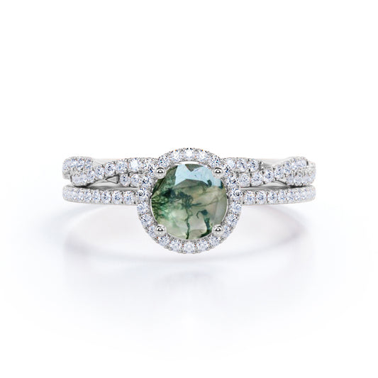 Classic Halo 1.75 carat Round cut Moss Green Agate and diamond Art deco Anniversary ring set for her - Wedding ring set