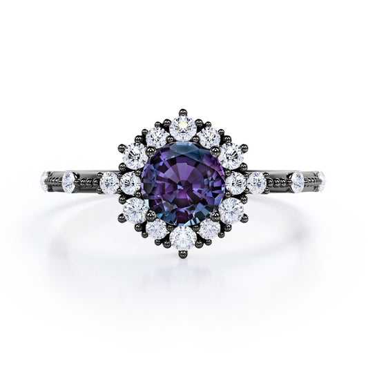 Antique Snowflake Halo 1.35 carat Round cut Synthetic Alexandrite and diamond vintage bead décor engagement ring in Black gold