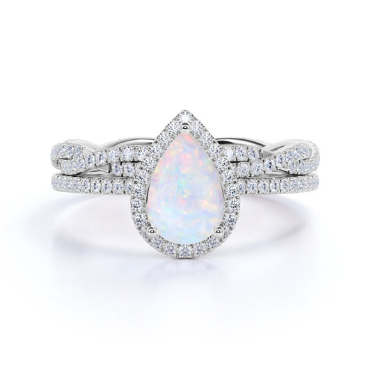 Perfect 1.5 Carat Fire Opal Tear Drop Wedding Ring Set with Matching Eternity Wedding Ring Band