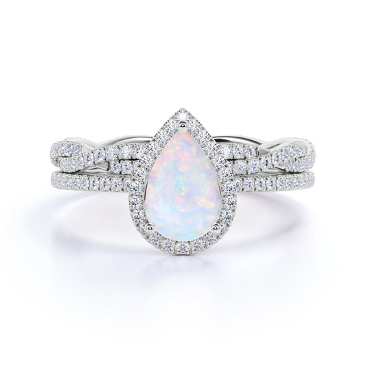 Perfect 1.5 Carat Fire Opal Tear Drop Wedding Ring Set with Matching Eternity Wedding Ring Band
