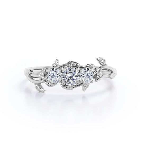 Eccentric Vine and leaf 0.75 carat round cut Moissanite and diamond 3 stone flower ring in White gold- Engagement ring