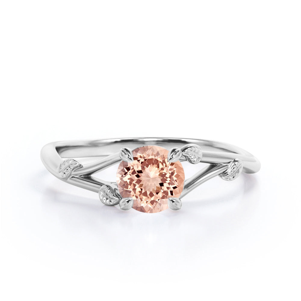 Vine and Leaf Shank 1 carat Round cut Morganite vintage earthy engagement ring in Rose gold