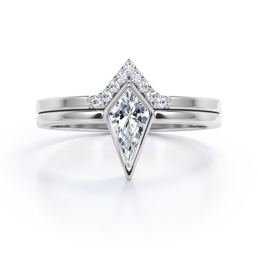 Chevron Bezel 1.1 Carat Kite shaped Moissanite and diamond bridal set for women in White gold