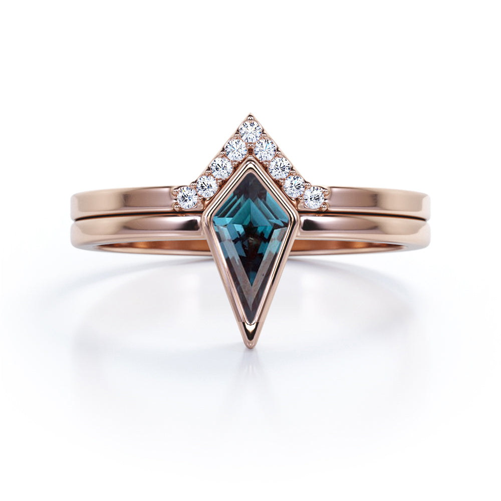 Matching Chevron Bezel 1.15 carat Kite shaped Synthetic Alexandrite and diamond solitaire wedding ring set in White gold