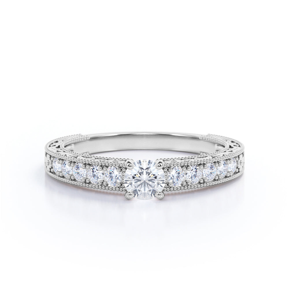 Multistone 0.45 carat Round cut diamond - filigree engraved - vintage milgrain engagement ring for her