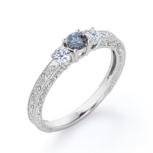 Three stone 0.5 carat Round cut Salt and pepper diamond and White diamond Filigree Milgrain Engagement ring in White gold