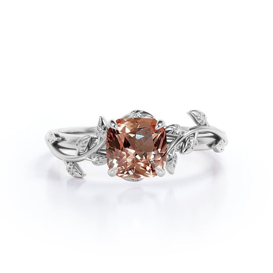 Olive leaf inspired 1 carat Cushion cut Peach pink Morganite vine engagement ring in White gold