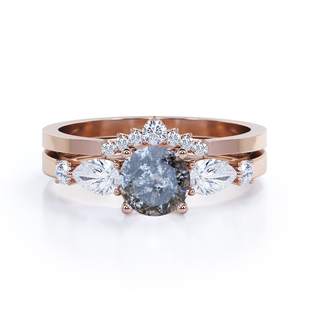 Tiara inspired 0.75 carat Round cut Salt and pepper diamond and White diamond chevron bridal set in Black gold