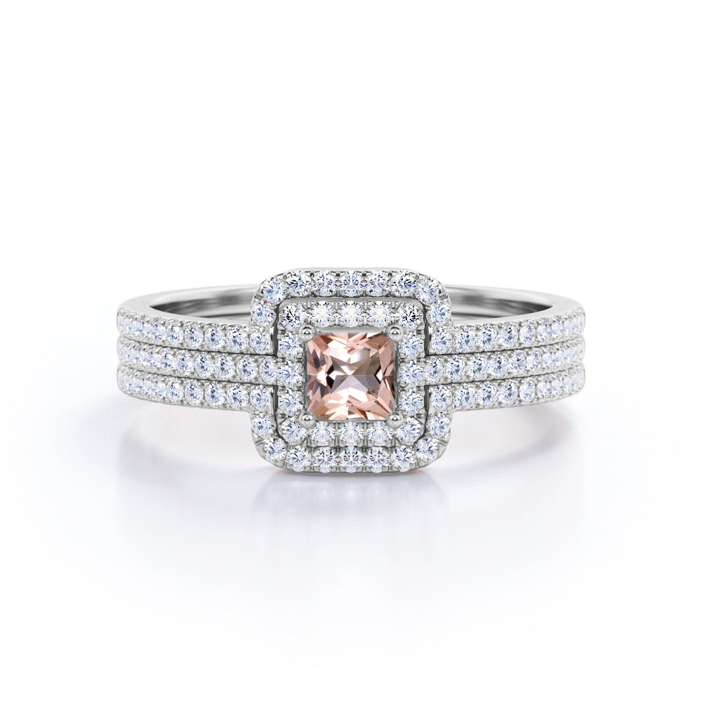 Authentic Antique 1.5 carat Princess cut Peach Pink Morganite and diamond trio wedding ring set for women in Rose gold