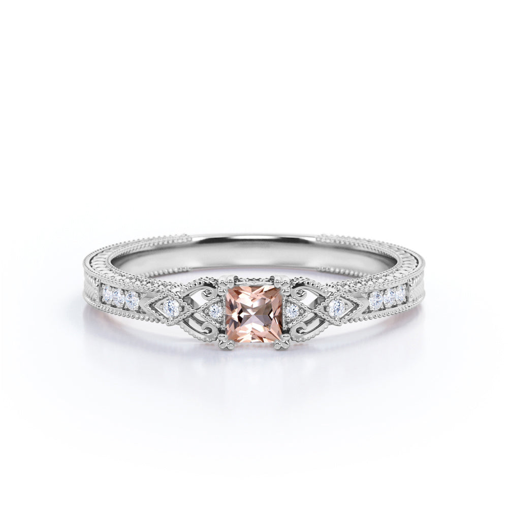 Exquisite leaf filigree and Milgrain 0.75 carat Princess cut intricate engagement rings in rose gold