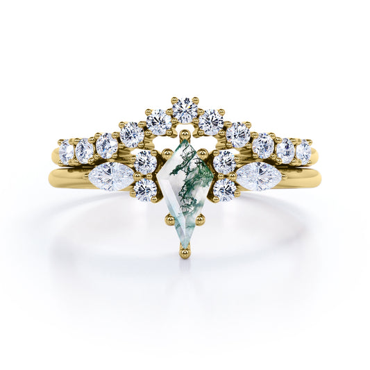 Floral Garland inspired 1.25 carat Kite shaped Moss Green Agate and diamond prong style wedding ring set in Yellow gold