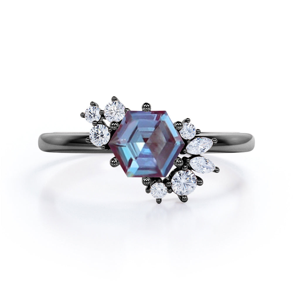 Butterfly style 1.15 carat Hexagon shaped Lab made Alexandrite and diamond marquise and dot engagement ring in Black gold