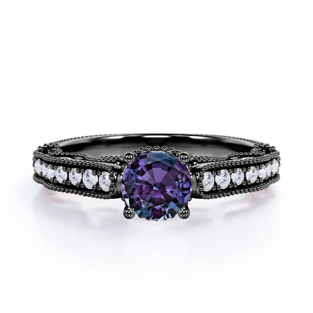 Vintage Freestyle 1.25 carat Round cut Lab created Alexandrite and diamond milgrain engagement ring in White gold