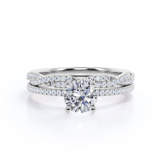 Classic prong 1.50 carat round cut Moissanite and diamond half-infinity wedding ring set for women in White gold