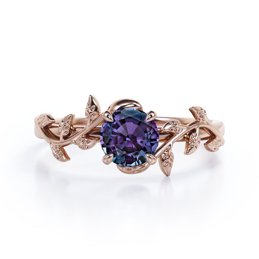 Floral Vine 1 carat Round cut Alexandrite Solitaire engagement ring for women in Rose gold