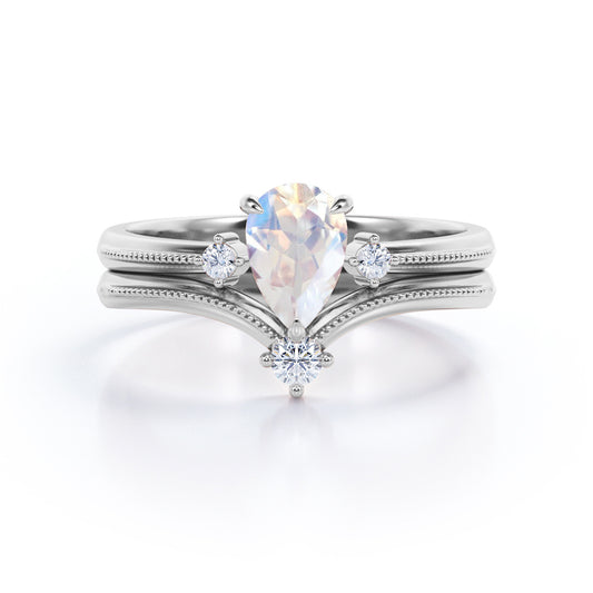 Chevron 1.1 carat V-shape Pear cut Moonstone and Diamond Milgrain Wedding ring set in White gold