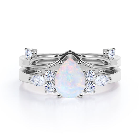 Mid century-Modern inspired 1.35 carat Pear cut Opal and diamond vintage art deco bridal set for her in White gold
