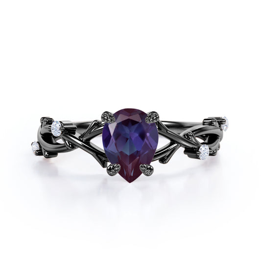 Modern Floral Branches 1 carat Pear shaped Alexandrite and diamond engagement ring for women in Black gold