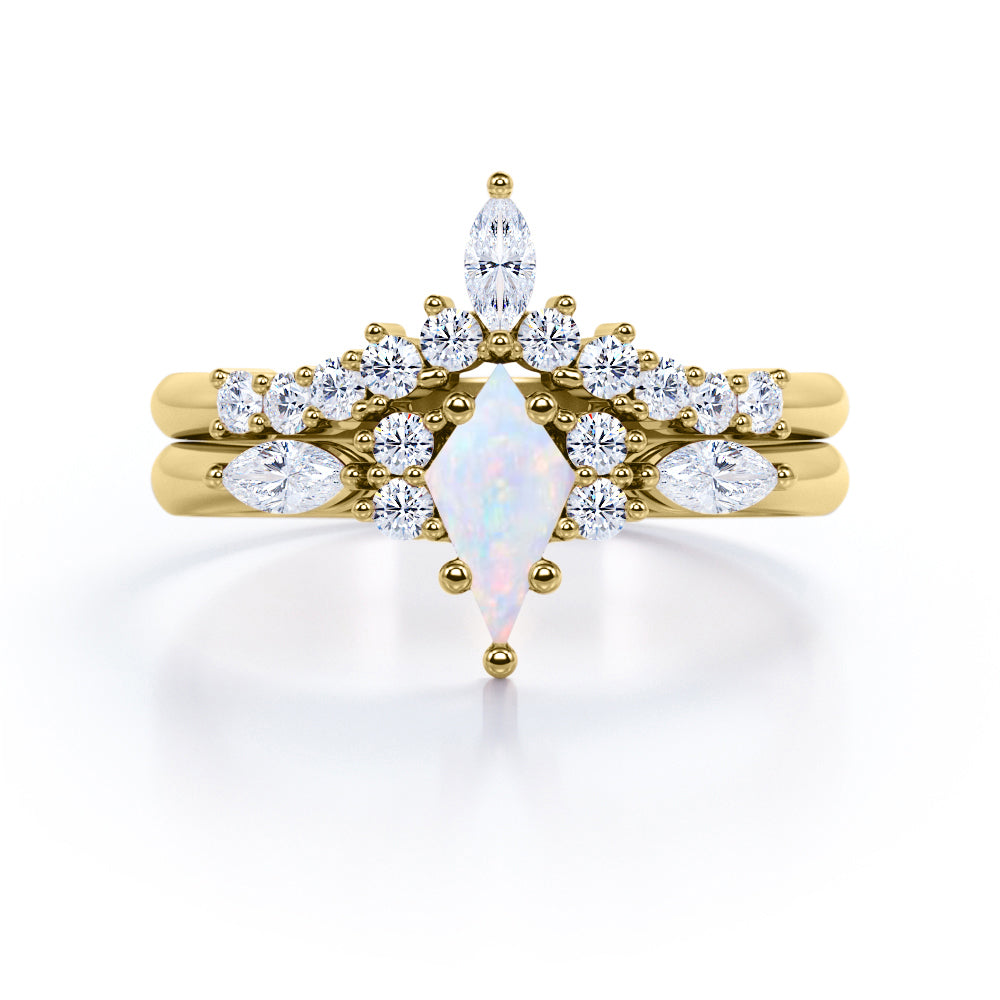 Eccentric 1.25 carat Kite shape Australian Opal and diamond art deco engagement ring and vintage contour wedding band in White gold-Bridal set