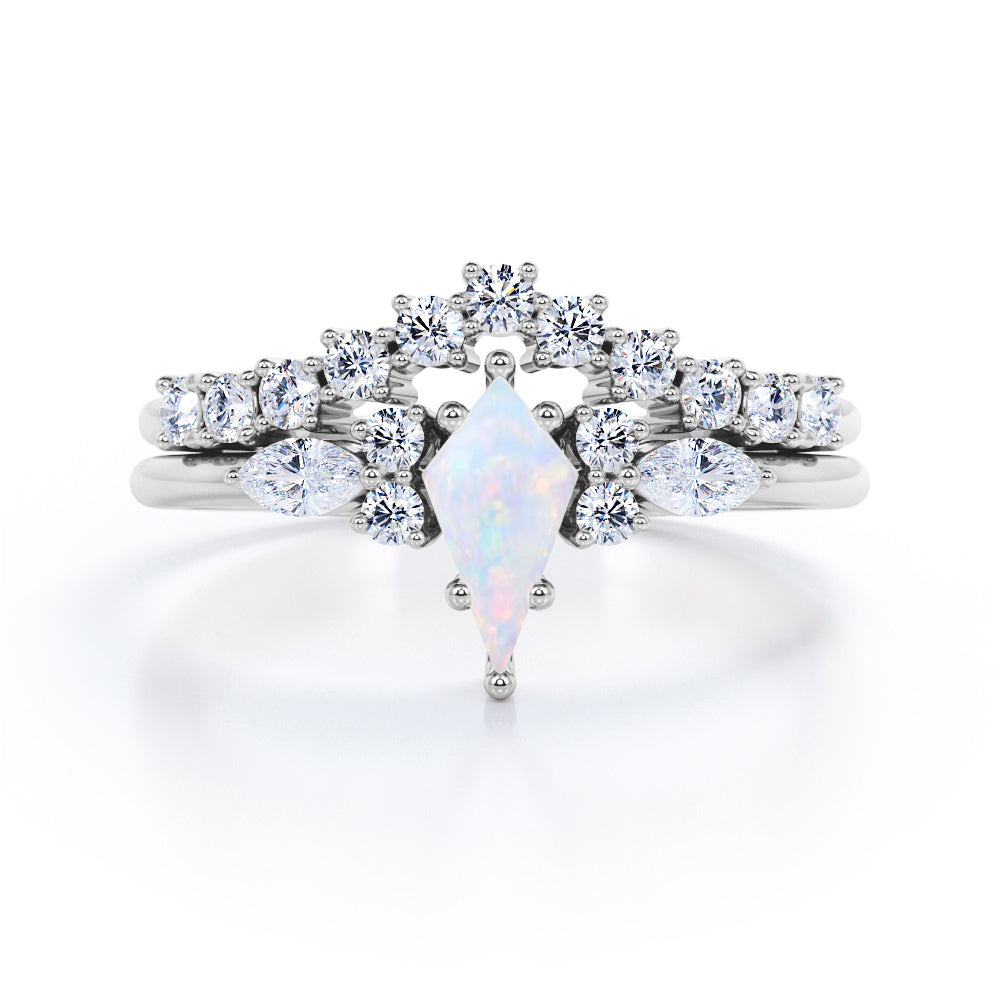 Contoured Bar set 1.2 carat Kite shaped Opal and diamond art deco inspired wedding ring set in White gold