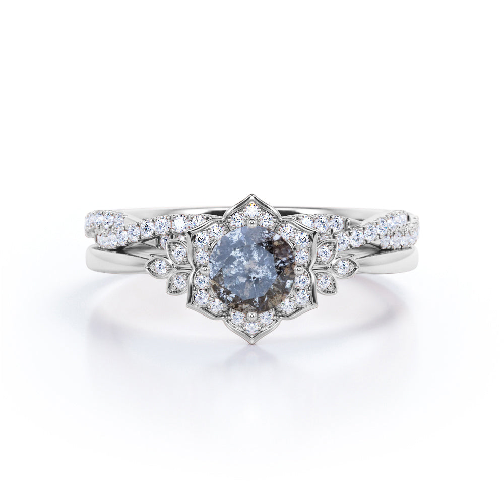 Antique Artdeco 1 carat Round cut salt and pepper diamond and White diamond Flower Halo Wedding ring set for women