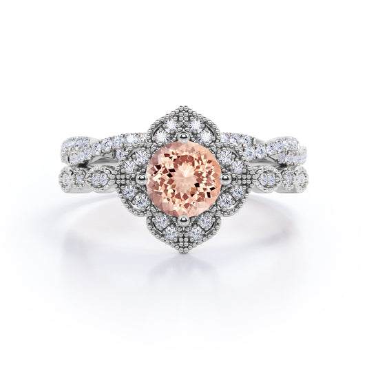 Half-infinity 1.50 carat Round cut Morganite and diamond blossom engagement ring and wedding band set for women