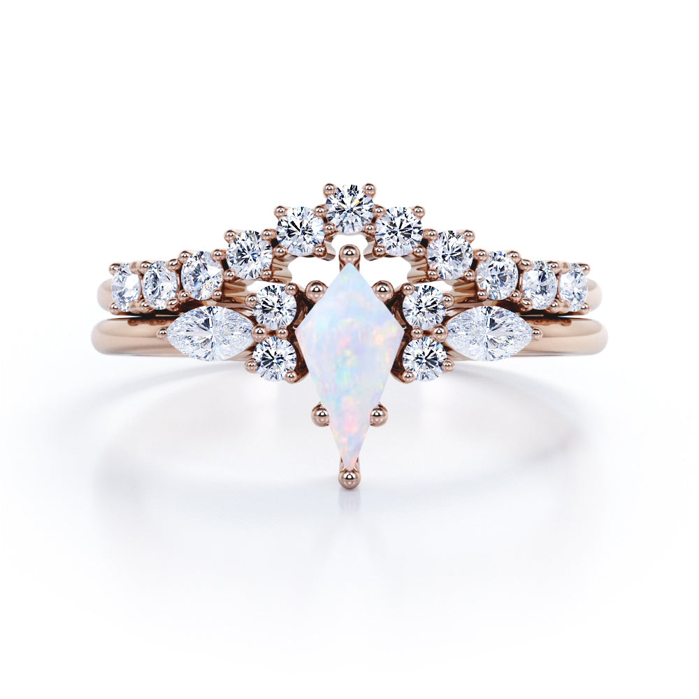 Contoured Bar set 1.2 carat Kite shaped Opal and diamond art deco inspired wedding ring set in White gold