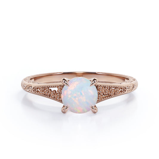 Claw prong style 1 carat Round cut Ethiopian Opal art deco filigree engraved engagement ring in Rose gold