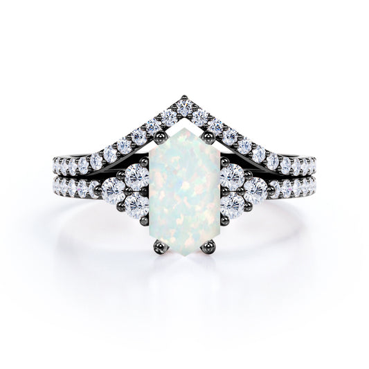 Geometric 1.40 carat Hexagon cut Ethiopian Opal and diamond V-shaped wedding ring set for women in Black gold