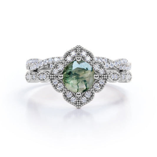 Cluster Flower style 1.55 carat Round cut Moss Green Agate Milgrain Engagement ring with Infinity diamond wedding band for women - Wedding ring set