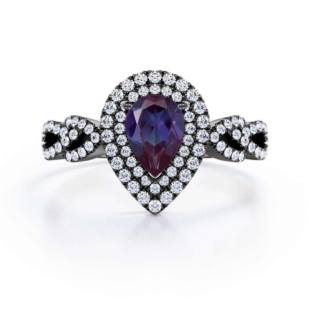 Floral leaf inspired 1.75 carat Pear cut Lab created Alexandrite and diamond double halo engagement ring in White gold