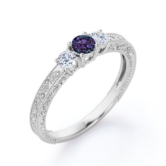 Filigree 0.6 carat Round cut Trilogy lab created Alexandrite and diamond Milgrain Engagement ring for women in White gold