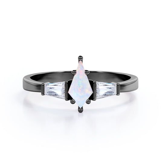 Stylish Trilogy 1.2 carat Kite shaped Ethiopian Opal and diamond-6 prong setting-art deco baguette engagement ring in Black gold