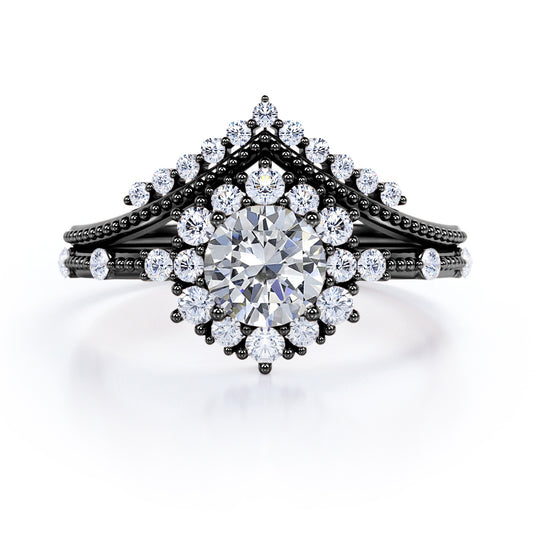 Milgrain Chevron 1.3 carat Round cut Moissanite and diamond art deco inspired wedding ring set for her in Black gold