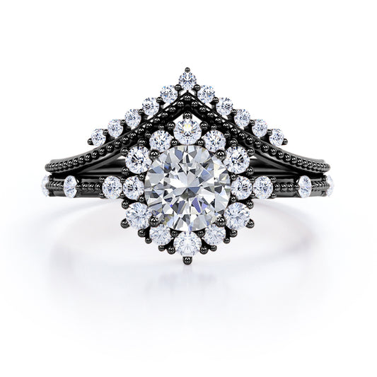 Milgrain Chevron 1.3 carat Round cut Moissanite and diamond art deco inspired wedding ring set for her in Black gold