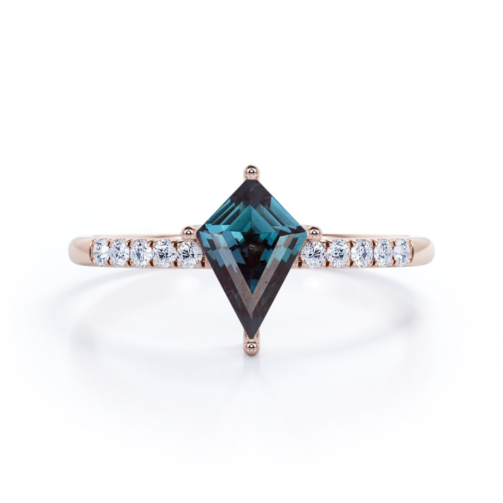 Pave set 1.15 carat Kite shaped Alexandrite and diamond classic vintage engagement ring in Rose gold