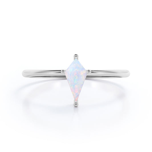 Dainty style 1 carat Kite shaped Ethiopian Opal and diamond 4 prong engagement ring in White gold