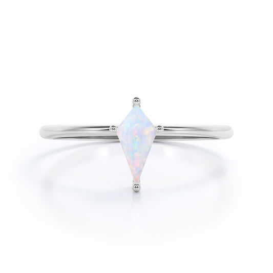 Dainty style 1 carat Kite shaped Ethiopian Opal and diamond 4 prong engagement ring in White gold