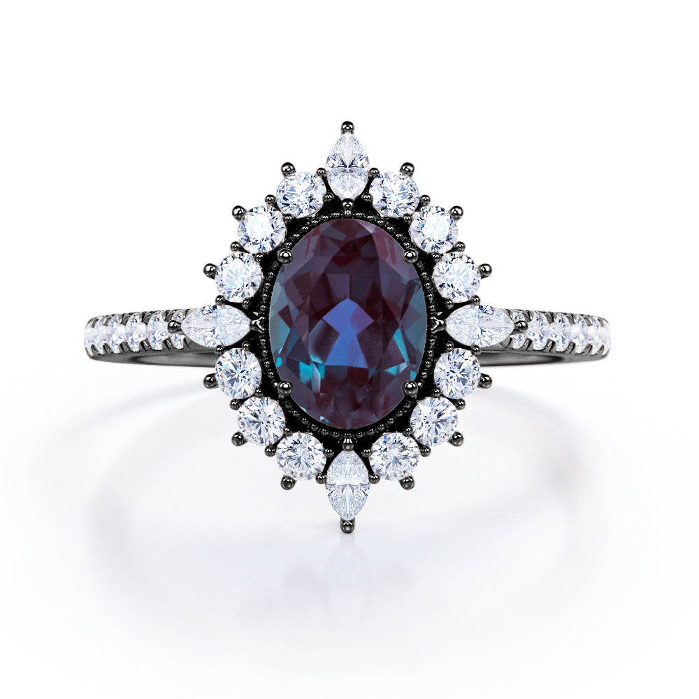Milgrain Halo 1.5 carat Oval cut Lab Made Alexandrite and diamond floral cluster engagement ring in Rose gold