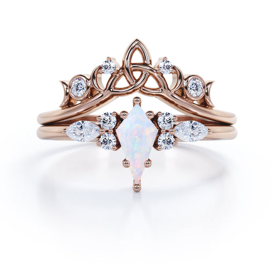 Triad Design 1.15 carat Kite shaped Ethiopian Opal and diamonds artdeco chevron style wedding ring set for women in Rose gold