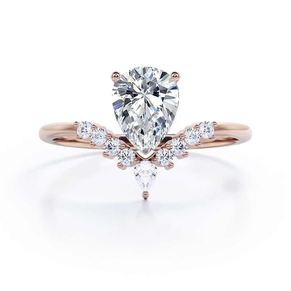 Antique V-shaped 1.15 carat Pear cut Moissanite and diamond engagement ring in White gold