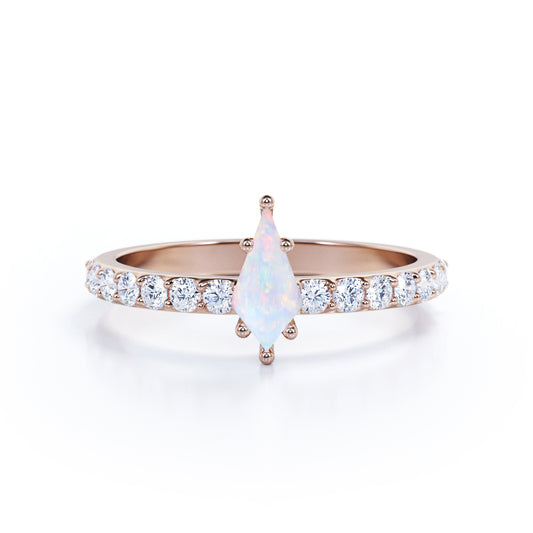 Delicate Pave set 1.15 carat Kite shape Ethiopian Opal and diamond vintage inspired engagement ring in Rose gold