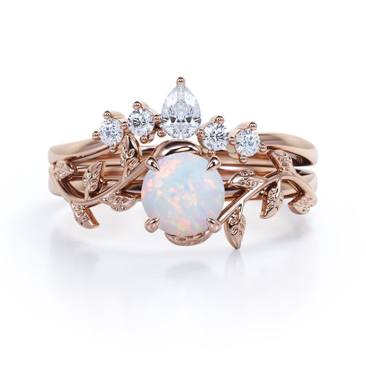 Exquisite contour 1.10 carat Round cut Opal and diamond nature inspired wedding ring set for women in Rose gold