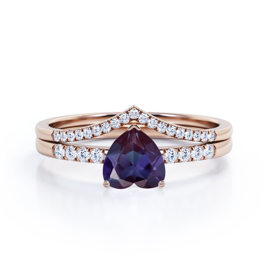 Authentic art deco 1.3 carat Heart shaped Lab Made Alexandrite and diamond contoured wedding ring set in Rose gold